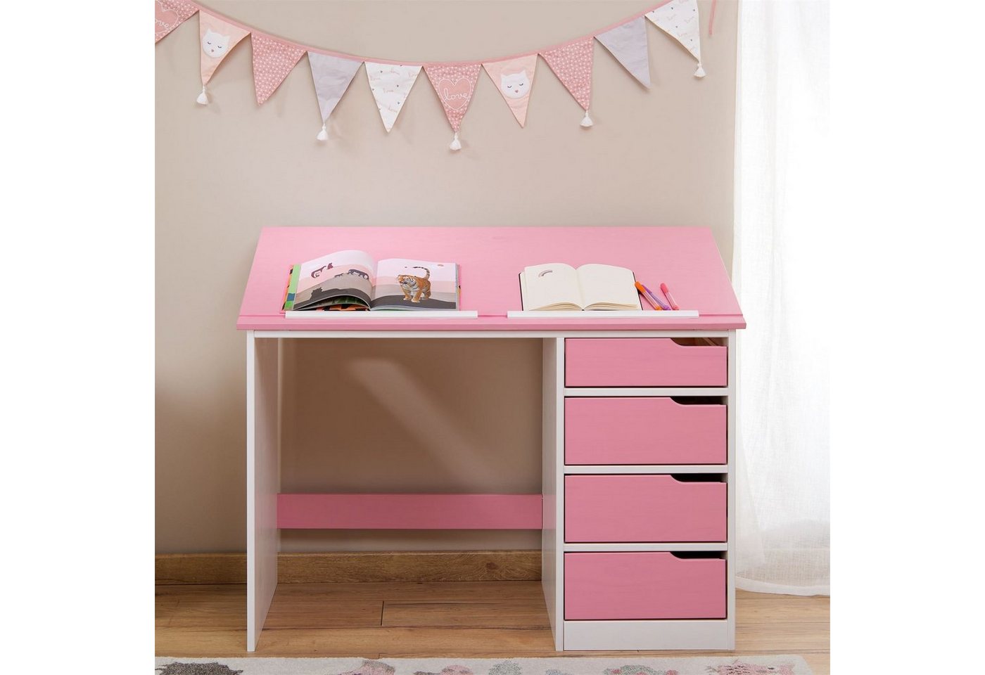 IDIMEX Kinderschreibtisch EMMA, Schreibtisch mit Schubladen, neigbare Tischplatte aus massivholz rosa – Bild 4 von 5