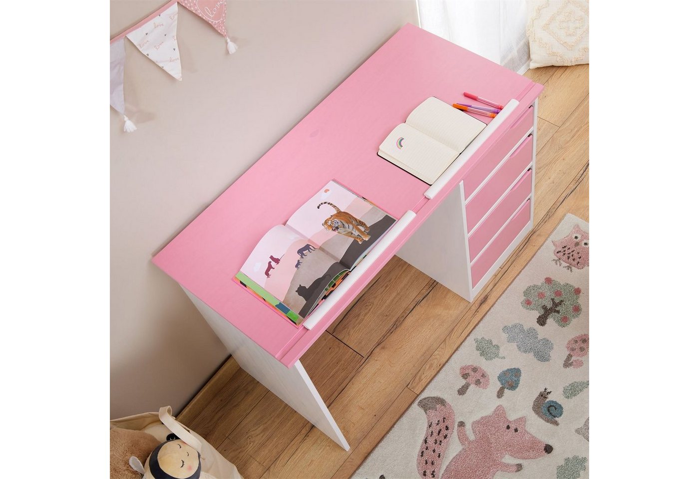 IDIMEX Kinderschreibtisch EMMA, Schreibtisch mit Schubladen, neigbare Tischplatte aus massivholz rosa – Bild 5 von 5
