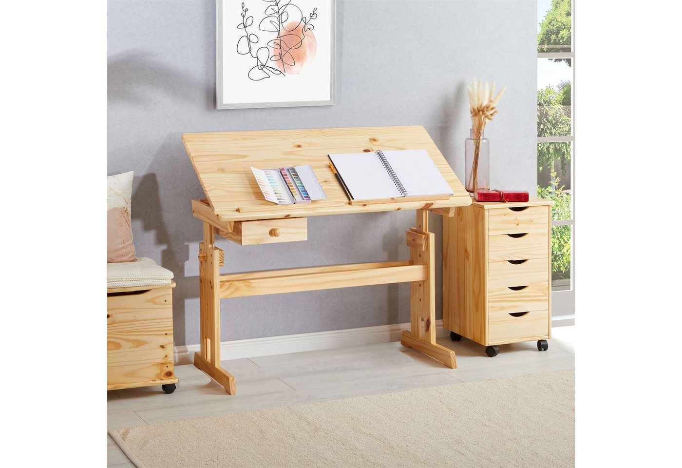 IDIMEX Kinderschreibtisch FLEXI, Kinderzimmer Lerntisch höhenverstellbar aus Massivholz Natur – Bild 2 von 5