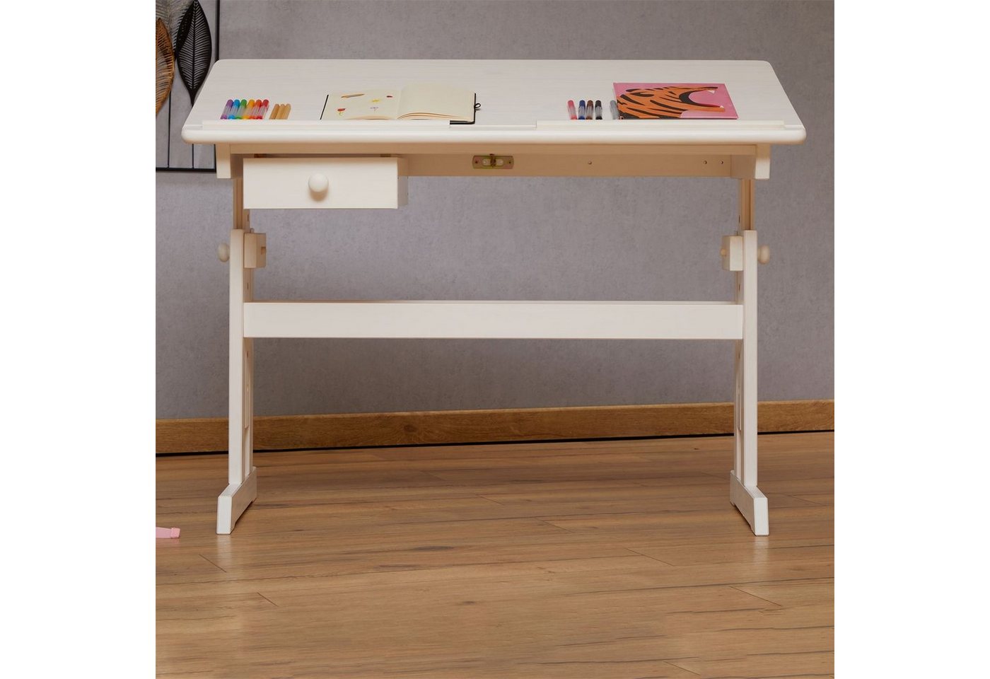 IDIMEX Kinderschreibtisch FLEXI, Kinderzimmer Lerntisch höhenverstellbar aus Massivholz Weiß – Bild 2 von 5