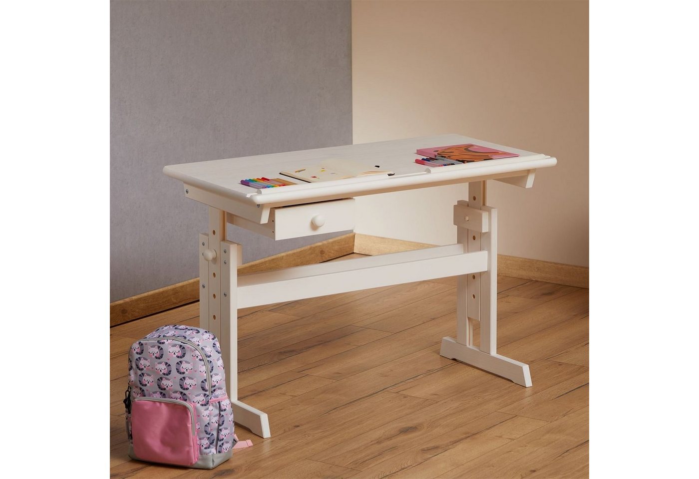 IDIMEX Kinderschreibtisch FLEXI, Kinderzimmer Lerntisch höhenverstellbar aus Massivholz Weiß – Bild 3 von 5