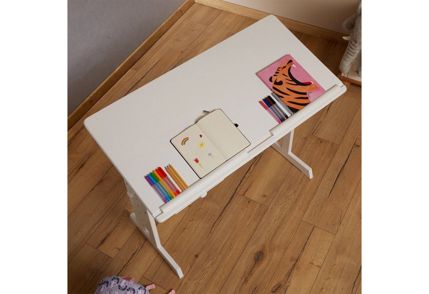 IDIMEX Kinderschreibtisch FLEXI, Kinderzimmer Lerntisch höhenverstellbar aus Massivholz Weiß – Bild 4 von 5