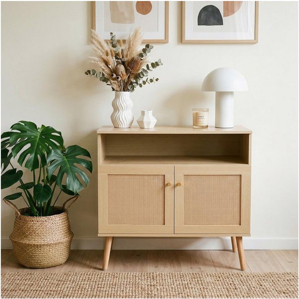 IDIMEX Kommode NORICA, Sideboard mit Rattanoptik und Holzfüßen- Eichefarben