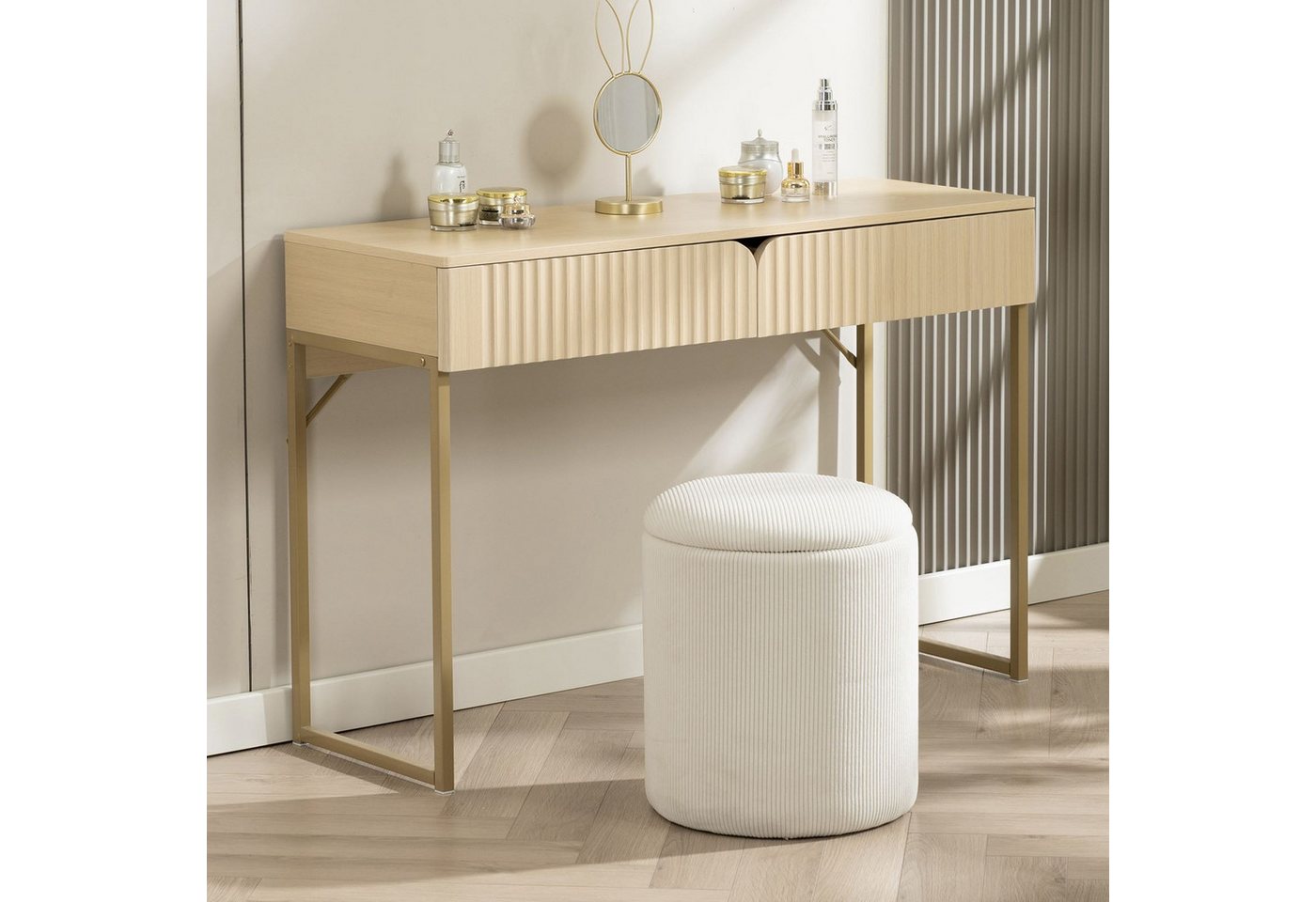 IDIMEX Konsolentisch FRIBO, Schminktisch mit Rillenfront Metallgestell und 2 Schubladen eiche/gold – Bild 2 von 5