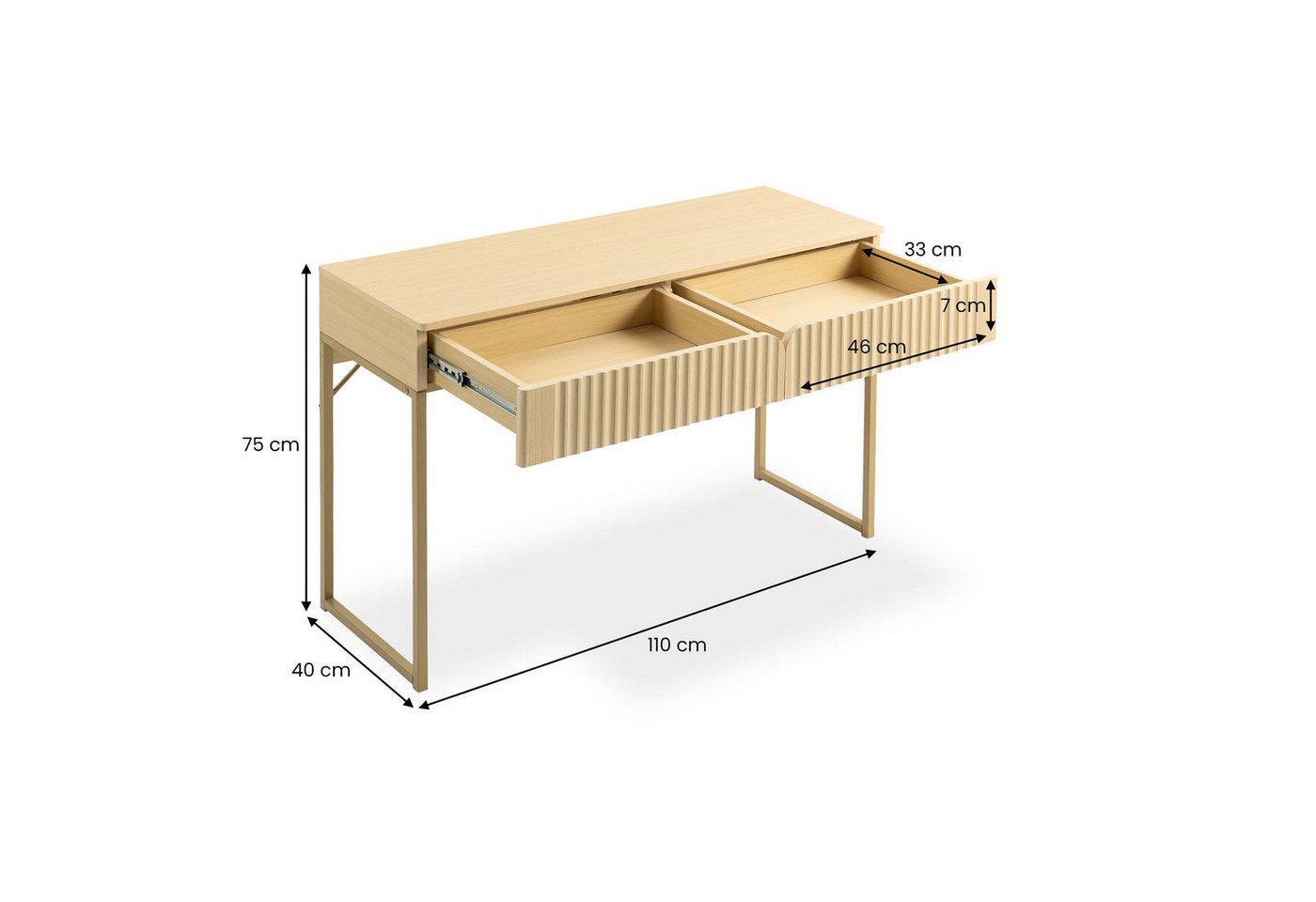 IDIMEX Konsolentisch FRIBO, Schminktisch mit Rillenfront Metallgestell und 2 Schubladen eiche/gold – Bild 5 von 5