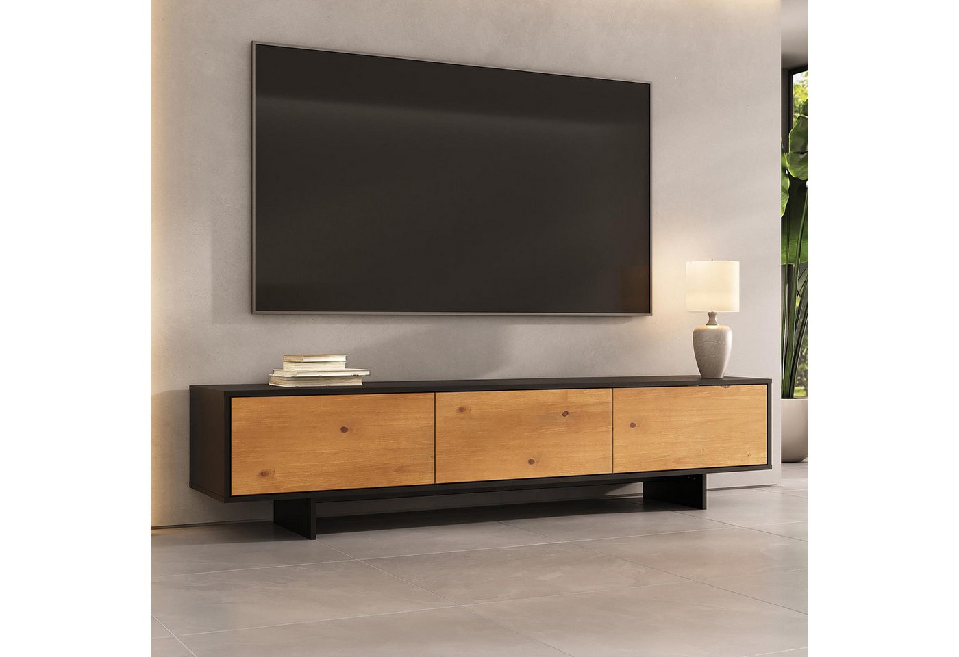 IDIMEX Lowboard ARTO, Niedriges Sideboard 185 cm Massivholz Fronten Schwarz/Eiche Finish – Bild 2 von 5