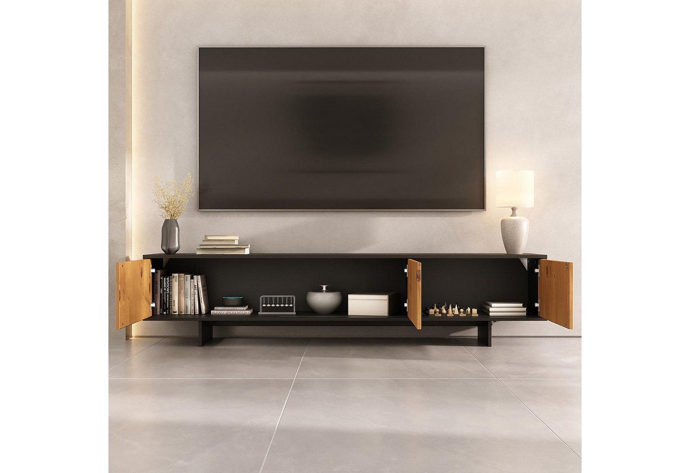 IDIMEX Lowboard ARTO, Niedriges Sideboard 185 cm Massivholz Fronten Schwarz/Eiche Finish – Bild 3 von 5