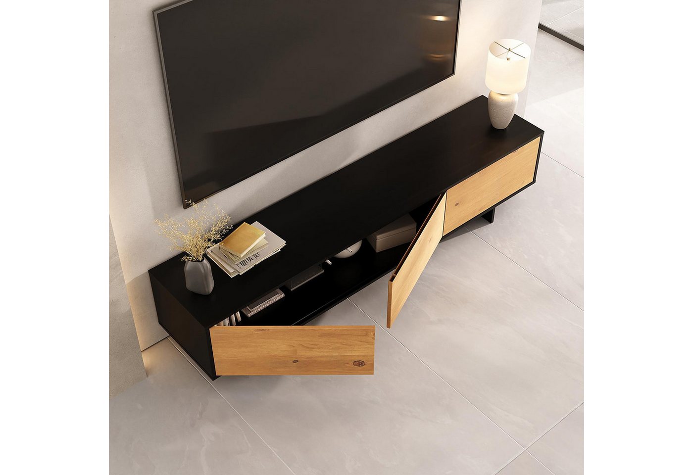 IDIMEX Lowboard ARTO, Niedriges Sideboard 185 cm Massivholz Fronten Schwarz/Eiche Finish – Bild 4 von 5