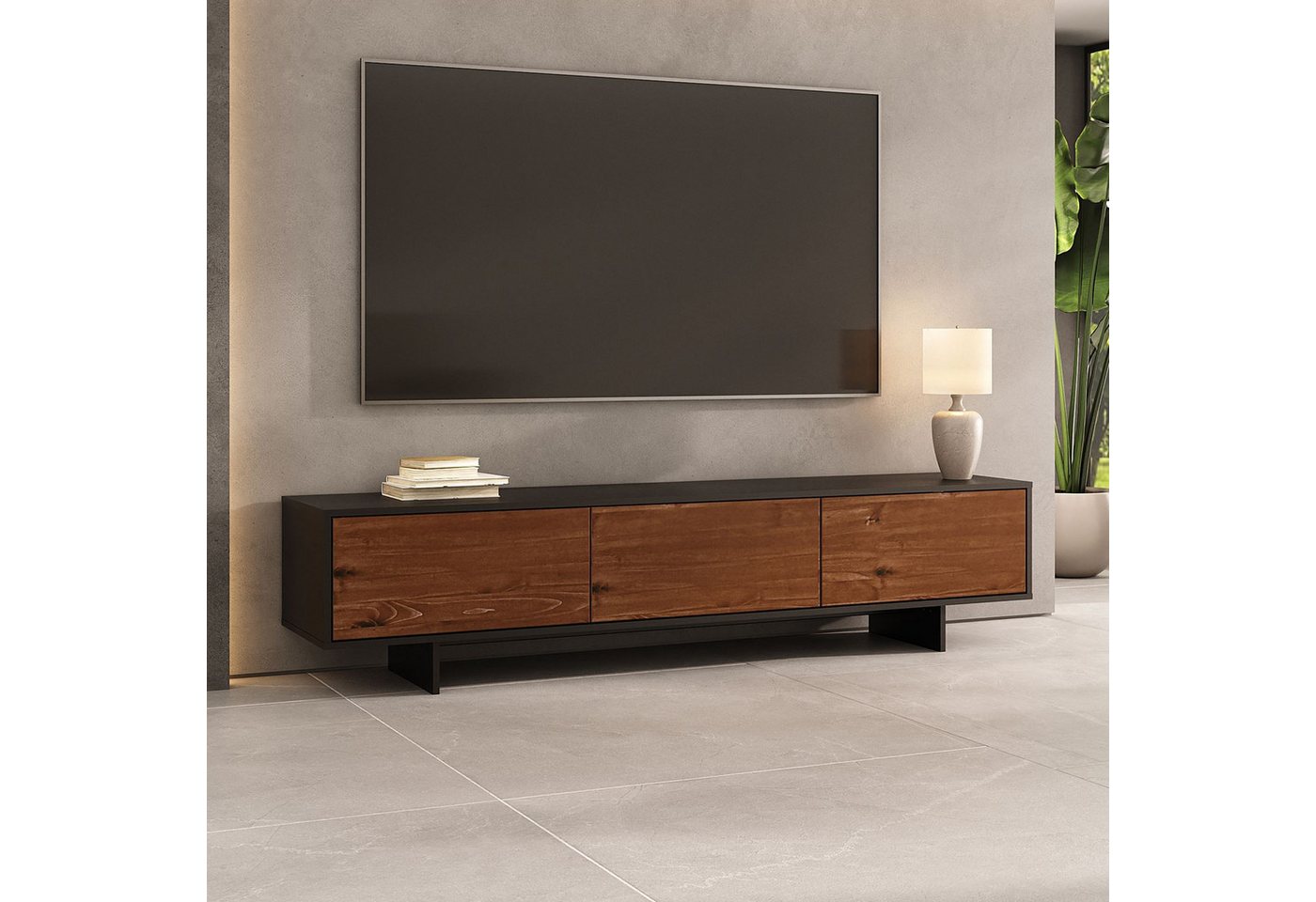 IDIMEX Lowboard ARTO, Niedriges Sideboard 185 cm Massivholz Fronten Schwarz/Kastanie Finish – Bild 2 von 5