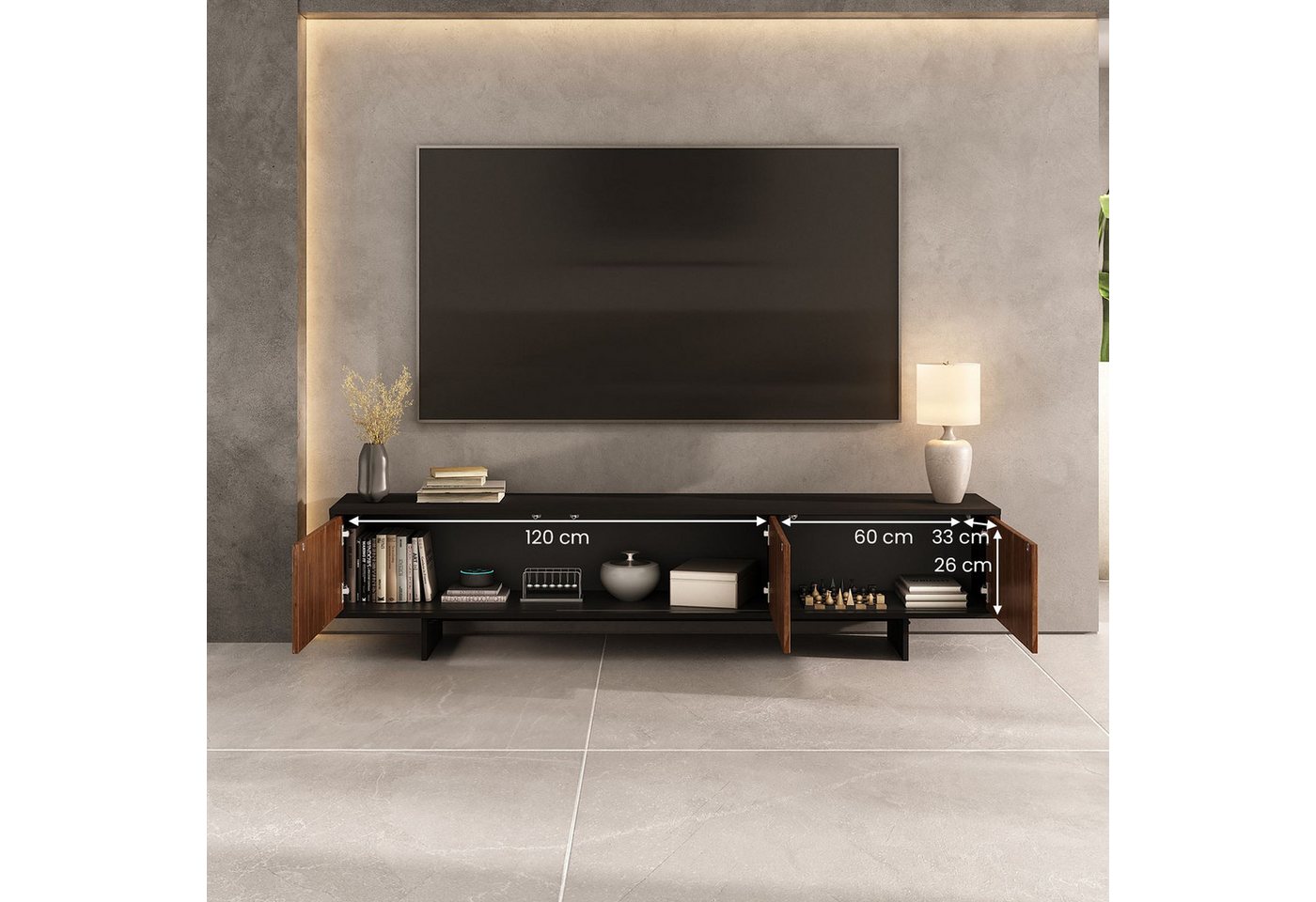 IDIMEX Lowboard ARTO, Niedriges Sideboard 185 cm Massivholz Fronten Schwarz/Kastanie Finish – Bild 3 von 5