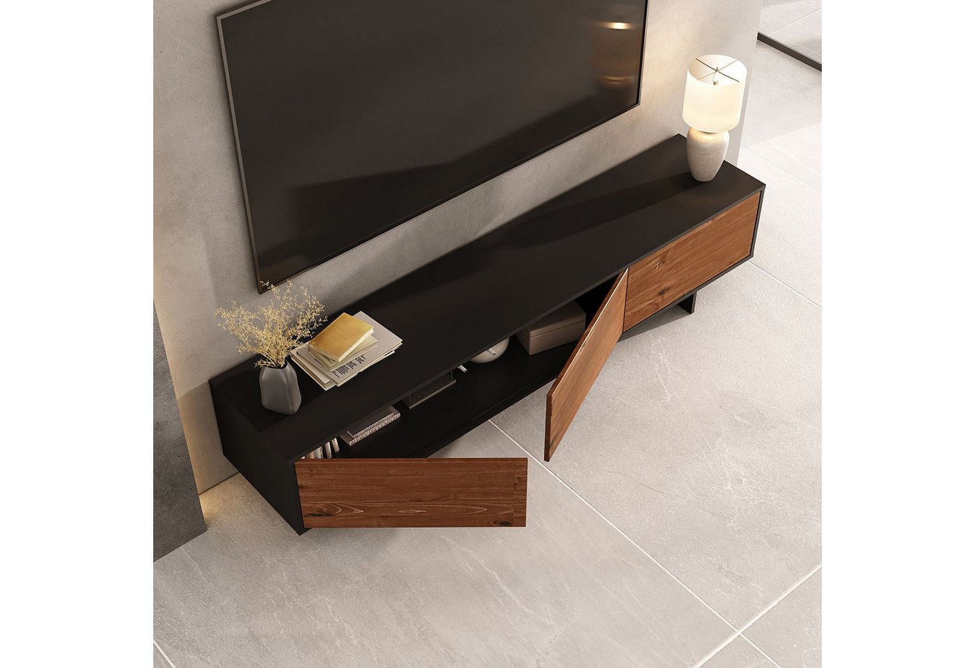 IDIMEX Lowboard ARTO, Niedriges Sideboard 185 cm Massivholz Fronten Schwarz/Kastanie Finish – Bild 4 von 5