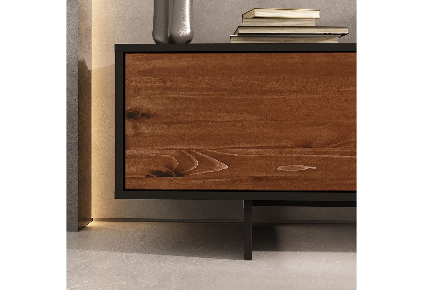 IDIMEX Lowboard ARTO, Niedriges Sideboard 185 cm Massivholz Fronten Schwarz/Kastanie Finish – Bild 5 von 5