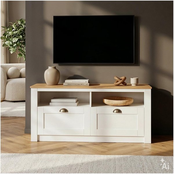 IDIMEX Lowboard BOLTON, TV Schwarz mit 2 Schubladen aus Massivholz mit Muschelgriff Weiß/Braun