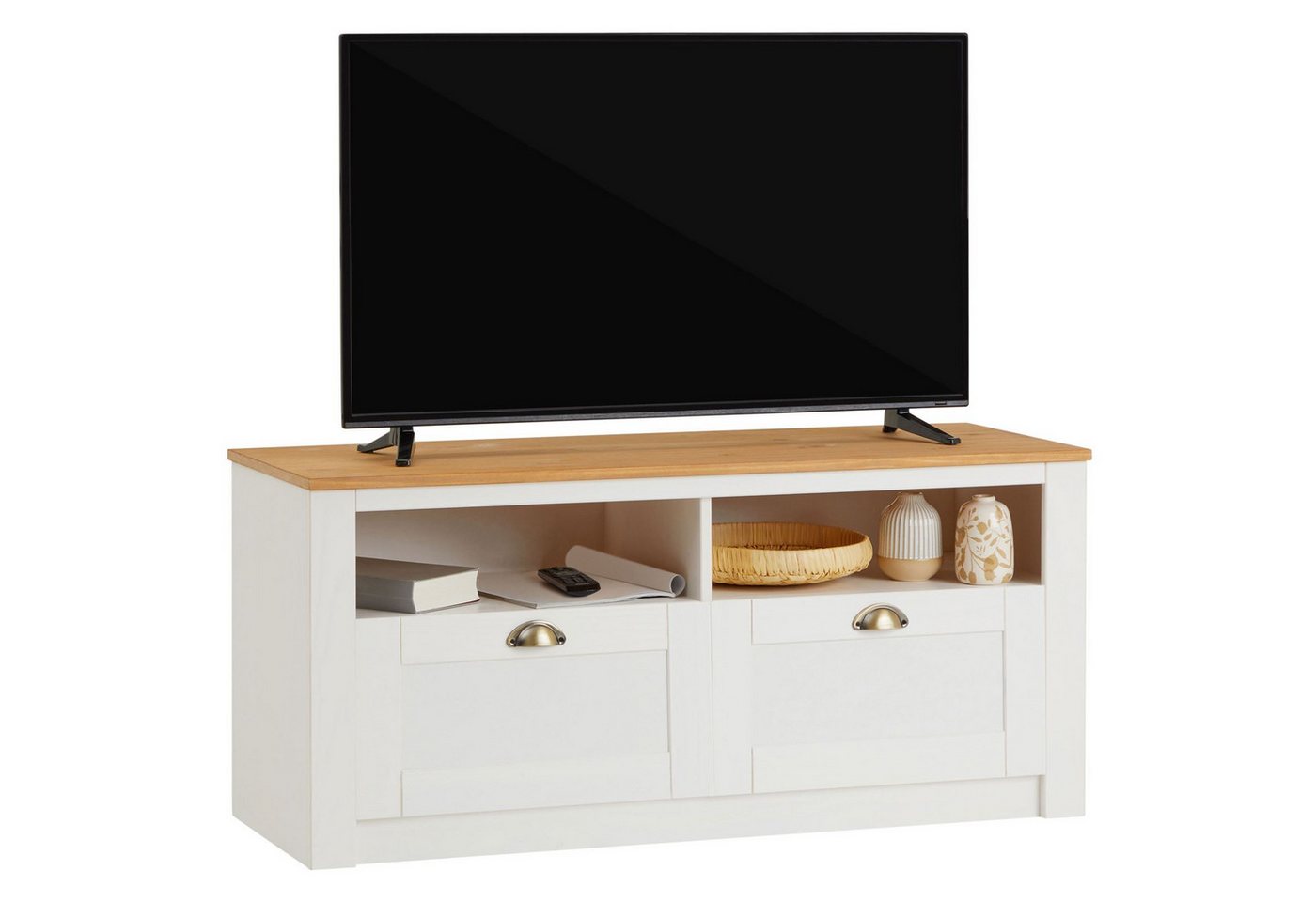 IDIMEX Lowboard BOLTON, TV Schwarz mit 2 Schubladen aus Massivholz mit Muschelgriff Weiß/Braun – Bild 3 von 5