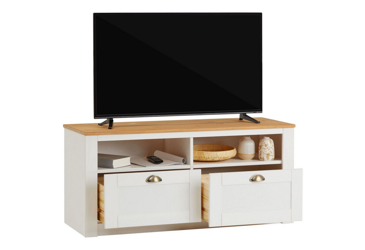 IDIMEX Lowboard BOLTON, TV Schwarz mit 2 Schubladen aus Massivholz mit Muschelgriff Weiß/Braun – Bild 4 von 5