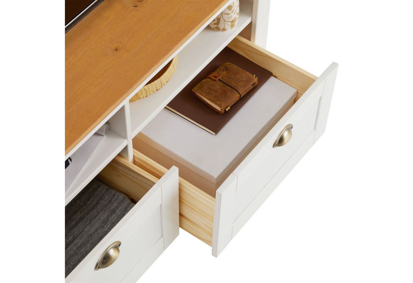IDIMEX Lowboard BOLTON, TV Schwarz mit 2 Schubladen aus Massivholz mit Muschelgriff Weiß/Braun – Bild 5 von 5