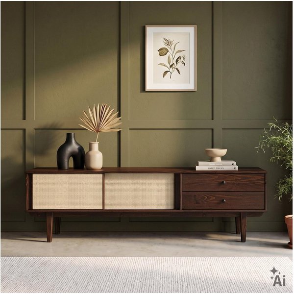 IDIMEX Lowboard SIMONA, TV Schrank 175 cm Massivholz Rattan Schiebetür Nussbaum Finish