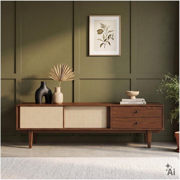IDIMEX Lowboard SIMONA, TV Schrank 175 cm Massivholz Rattan Schiebetür Kastanie Finish