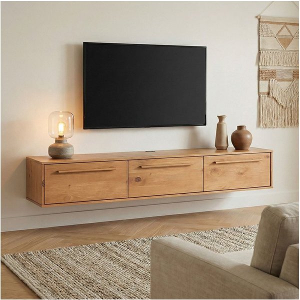 IDIMEX Lowboard TECCA, Hängekonsole mit 3 Klappen Massivholz Mid Century Stil eiche farben