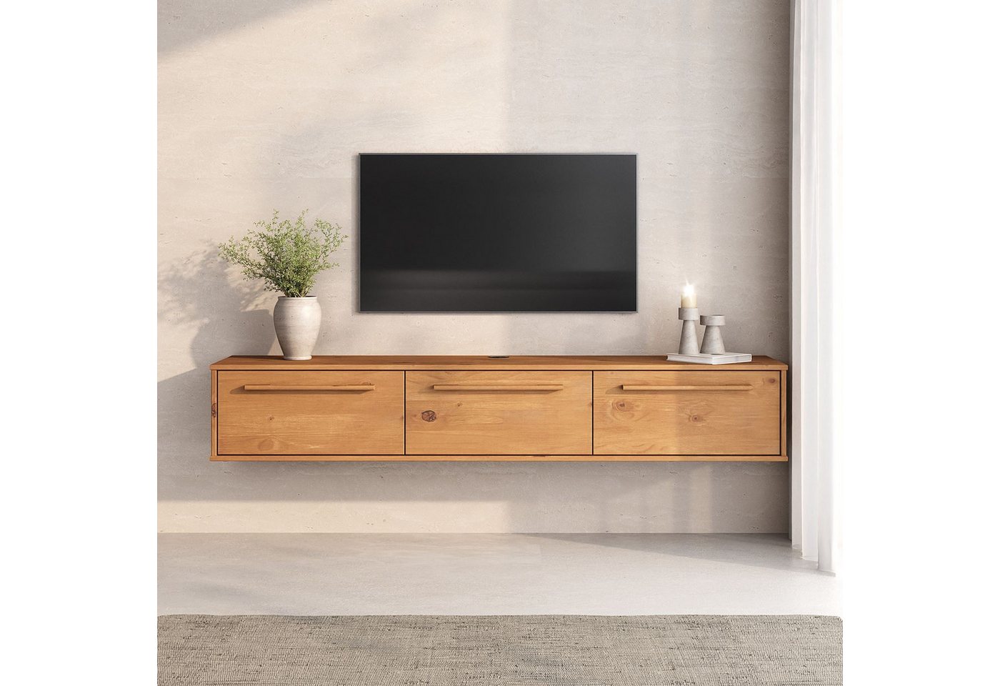 IDIMEX Lowboard TECCA, Hängekonsole mit 3 Klappen Massivholz Mid Century Stil eiche farben – Bild 2 von 5