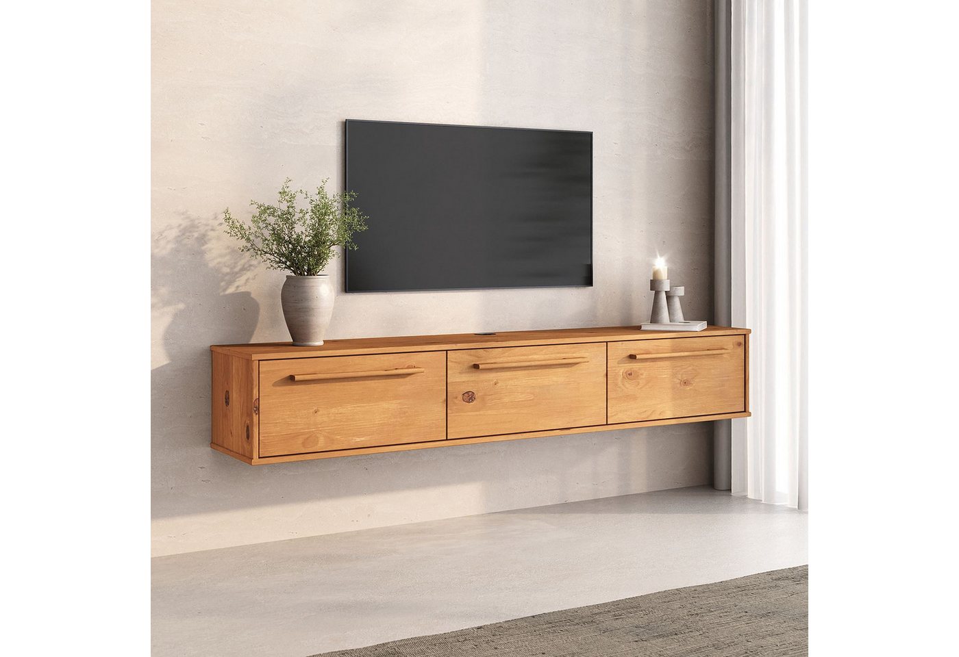 IDIMEX Lowboard TECCA, Hängekonsole mit 3 Klappen Massivholz Mid Century Stil eiche farben – Bild 3 von 5