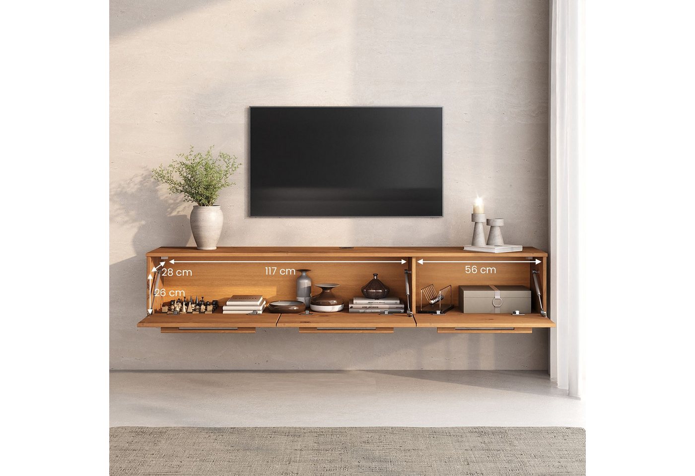 IDIMEX Lowboard TECCA, Hängekonsole mit 3 Klappen Massivholz Mid Century Stil eiche farben – Bild 4 von 5