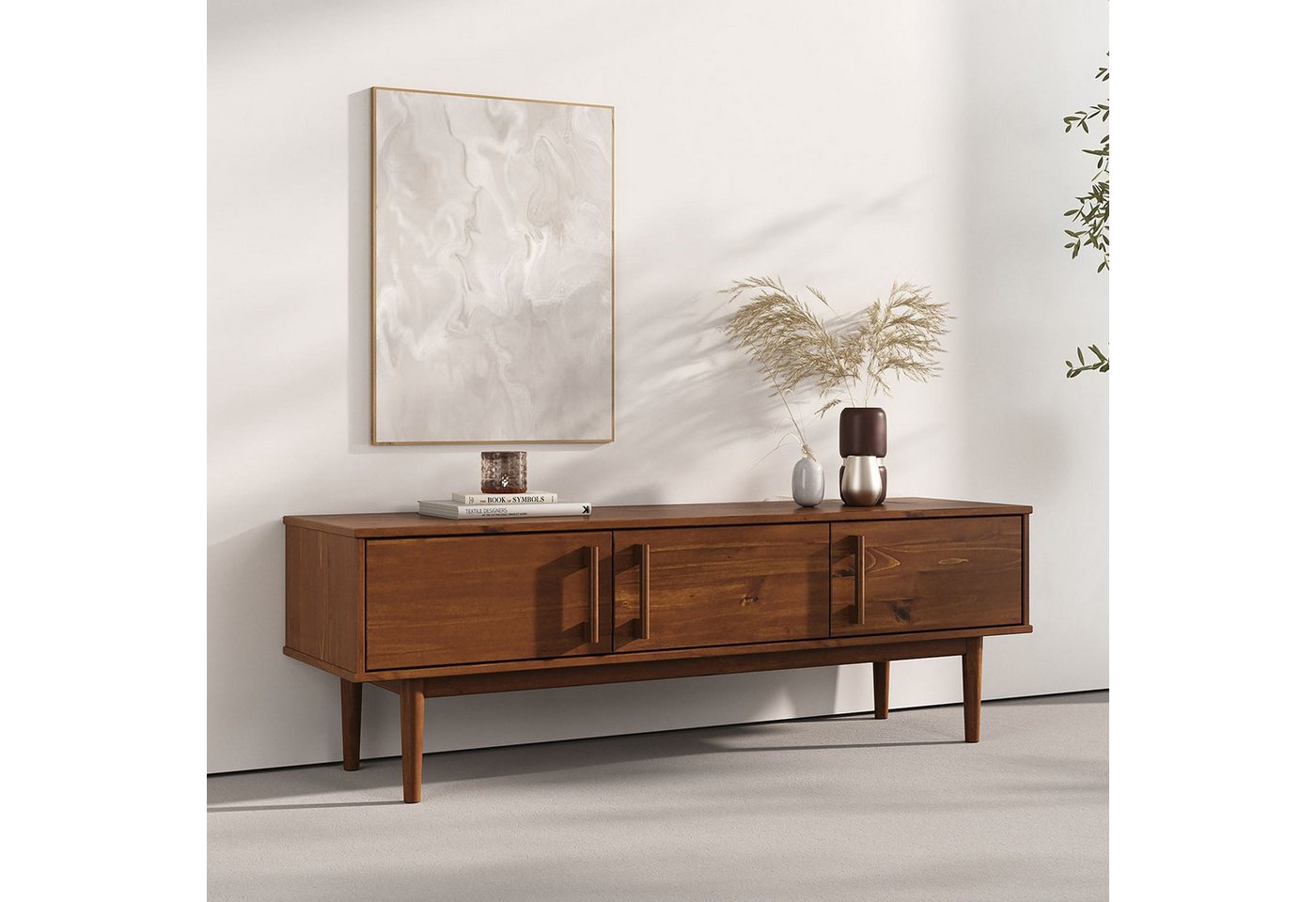 IDIMEX Lowboard TECCA, Sideboard mit 3 Türen aus Massivholz Kiefer Kastanie farben – Bild 2 von 5
