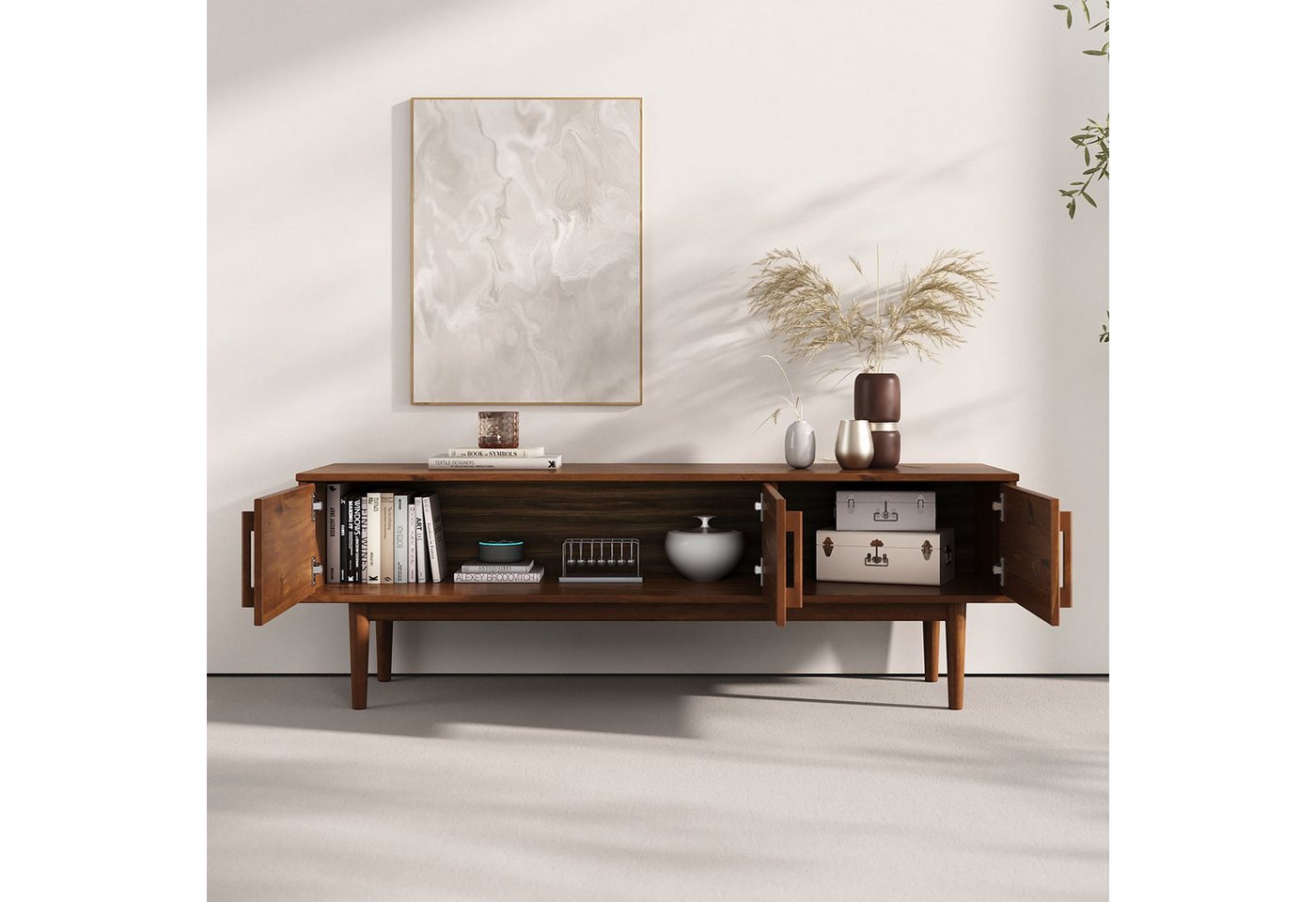 IDIMEX Lowboard TECCA, Sideboard mit 3 Türen aus Massivholz Kiefer Kastanie farben – Bild 3 von 5