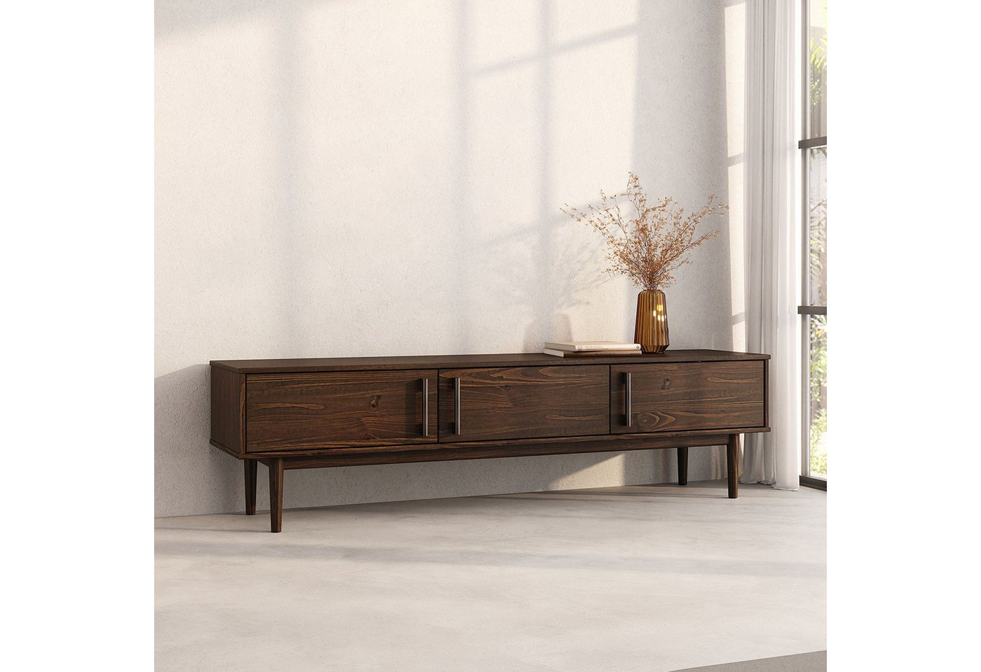 IDIMEX Lowboard TECCA, Niedriges Sideboard aus Massivholz 3 Türen Wohnzimmer Nussbaum Finish – Bild 2 von 5