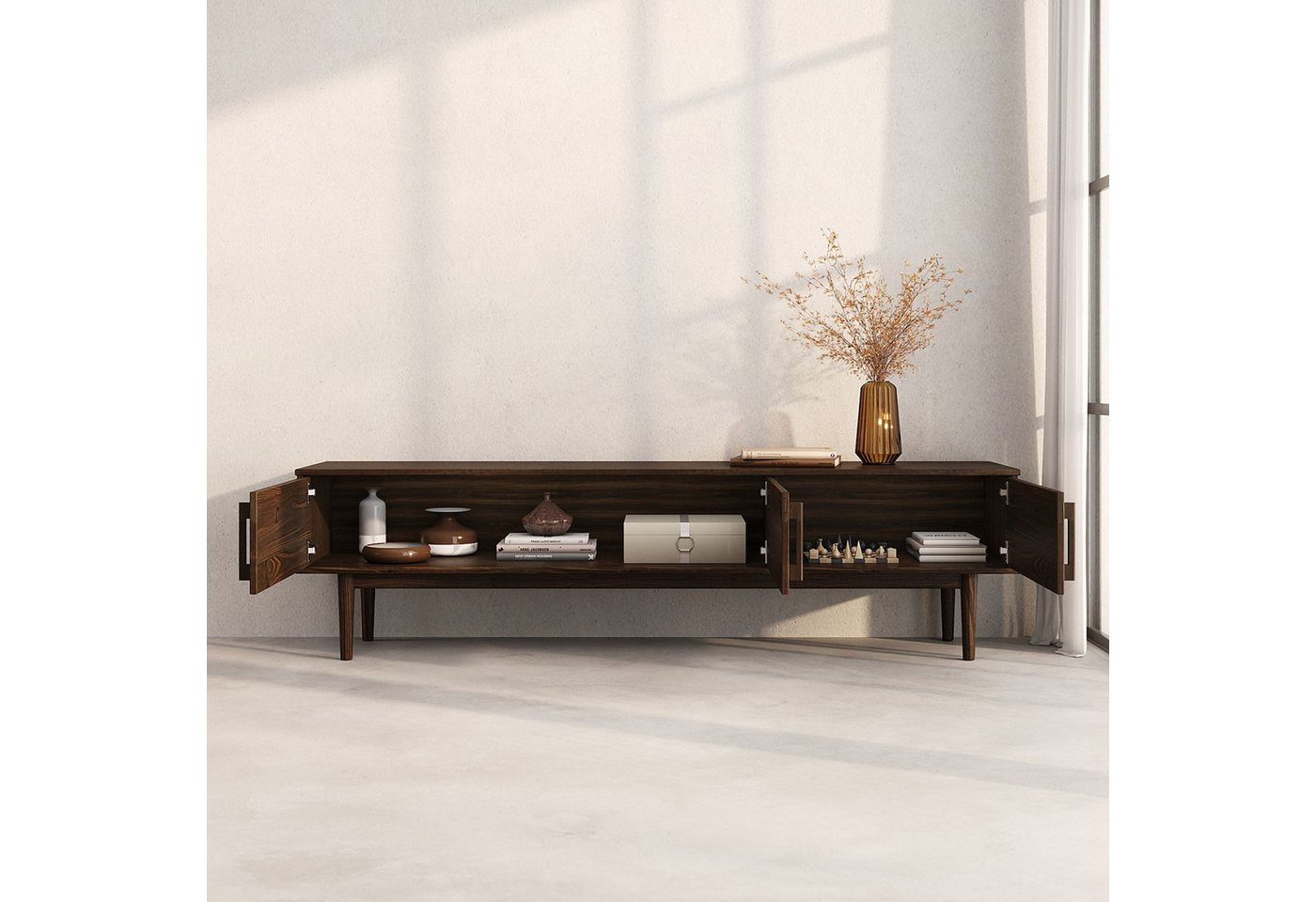 IDIMEX Lowboard TECCA, Niedriges Sideboard aus Massivholz 3 Türen Wohnzimmer Nussbaum Finish – Bild 3 von 5