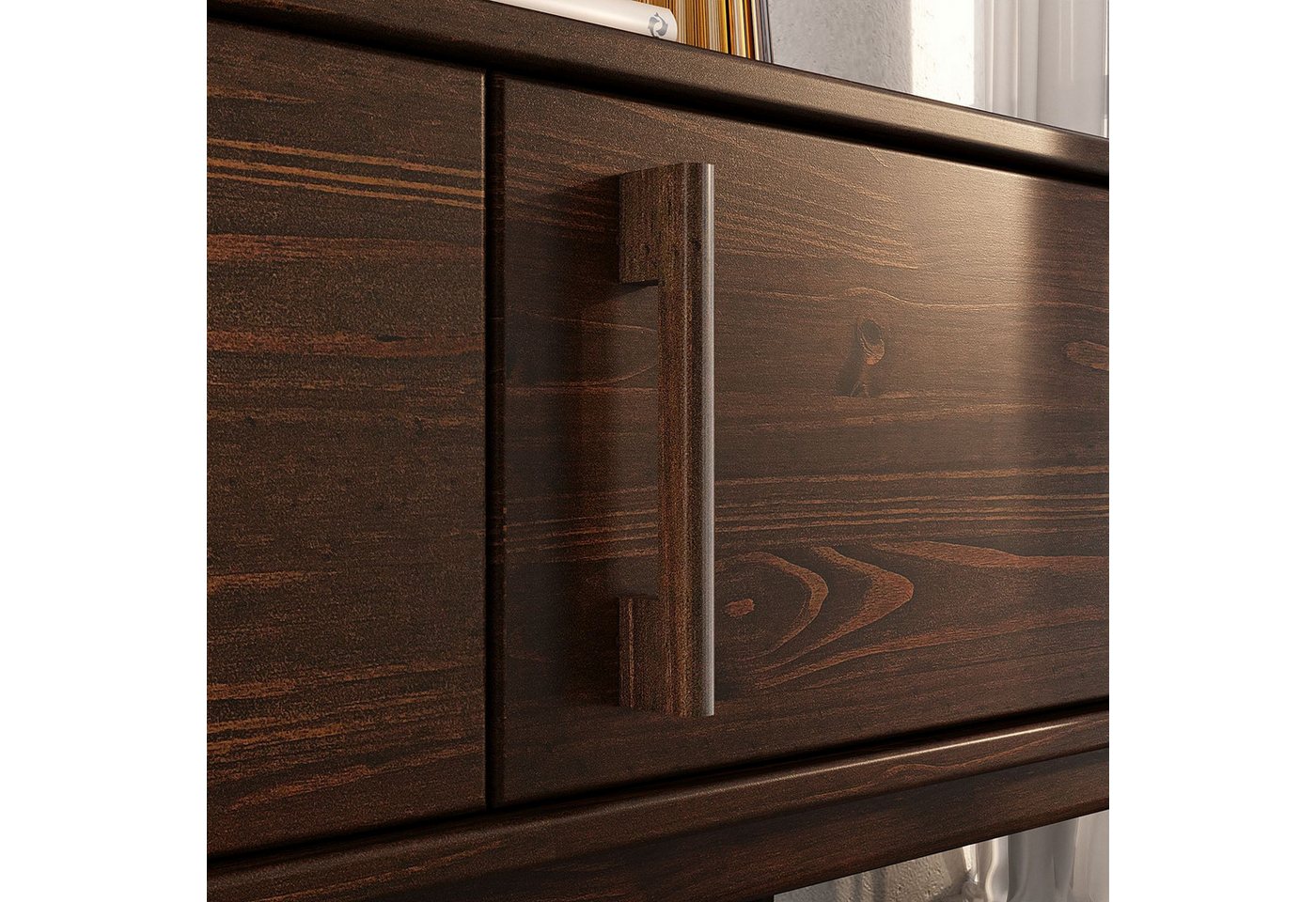 IDIMEX Lowboard TECCA, Niedriges Sideboard aus Massivholz 3 Türen Wohnzimmer Nussbaum Finish – Bild 4 von 5