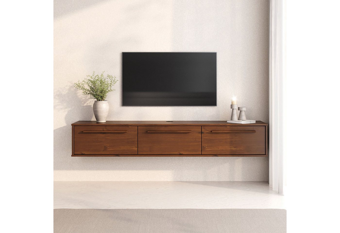 IDIMEX Lowboard TECCA, Hängekonsole mit 3 Klappen Massivholz Mid Century Stil Kastanie Finish – Bild 2 von 5