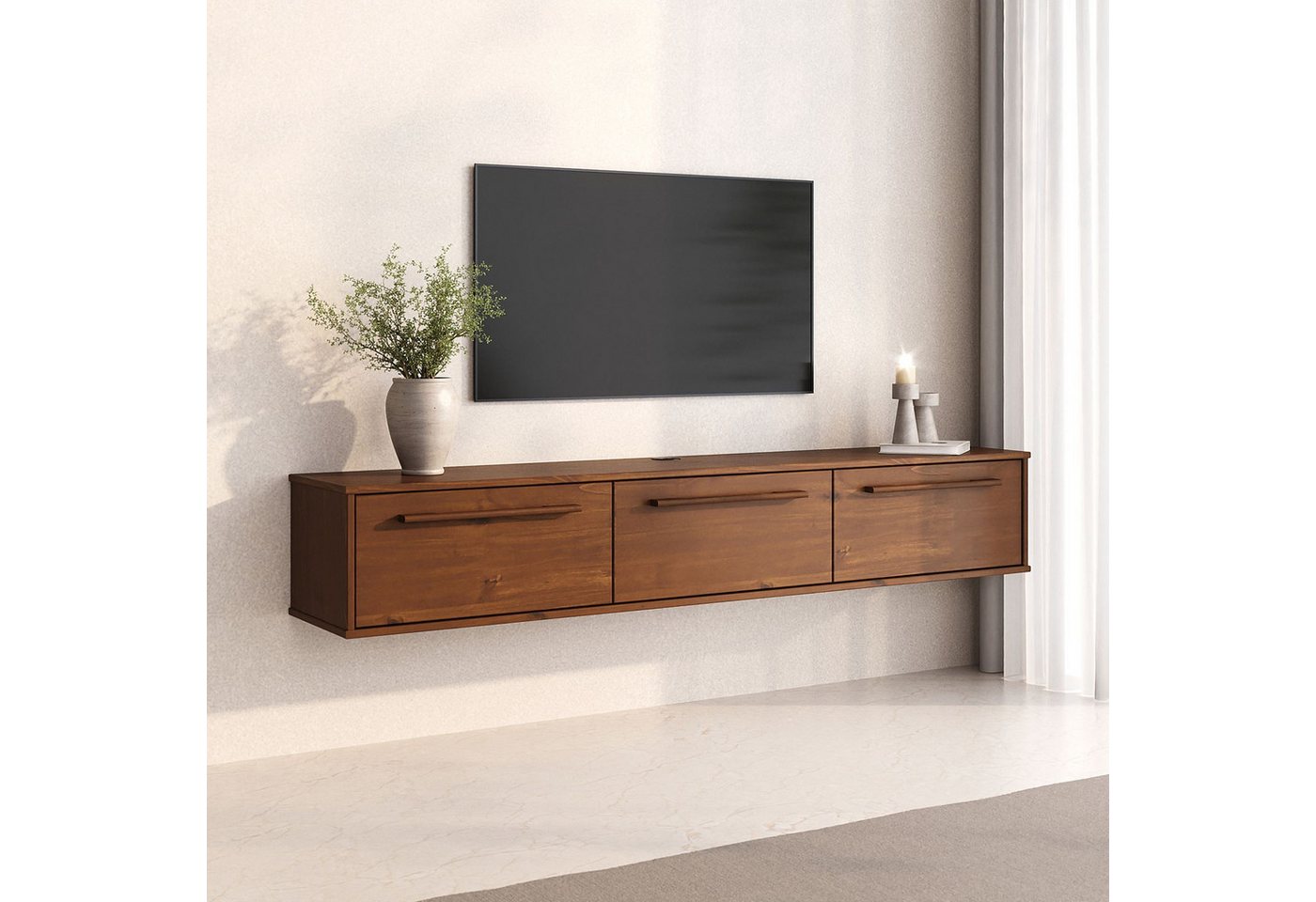 IDIMEX Lowboard TECCA, Hängekonsole mit 3 Klappen Massivholz Mid Century Stil Kastanie Finish – Bild 3 von 5