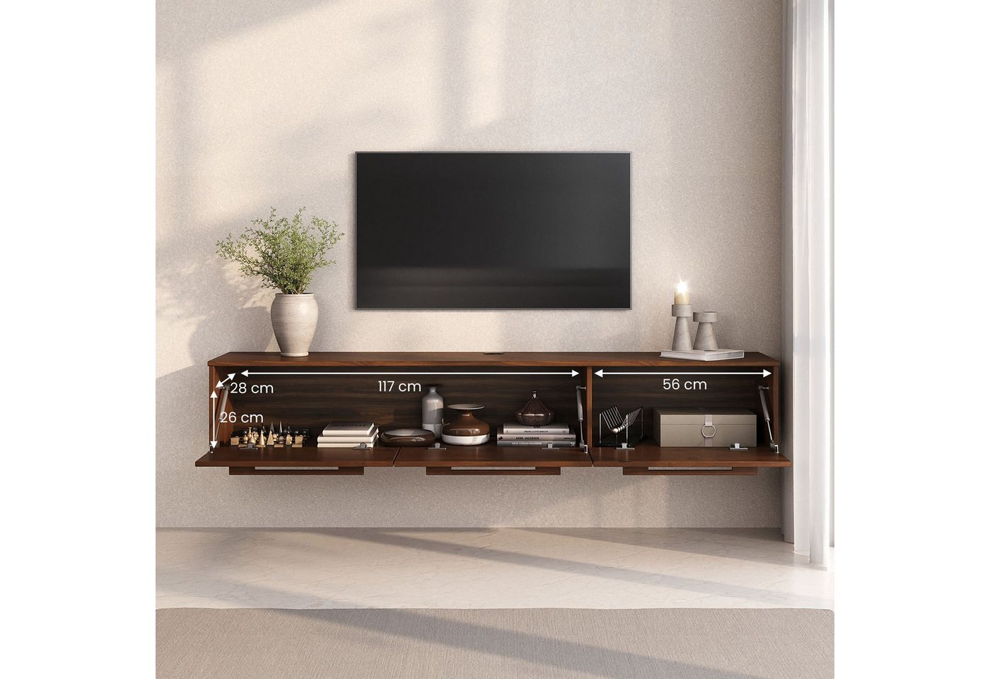 IDIMEX Lowboard TECCA, Hängekonsole mit 3 Klappen Massivholz Mid Century Stil Kastanie Finish – Bild 4 von 5