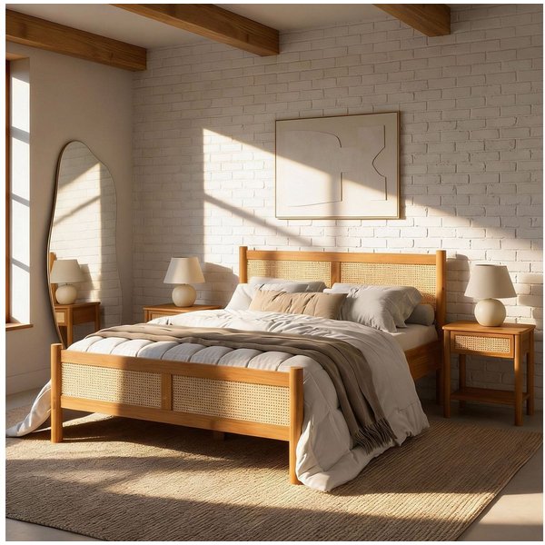 IDIMEX Massivholzbett CEFIRA, Doppelbett 140x200 cm mit Rattangeflecht Eiche Finish