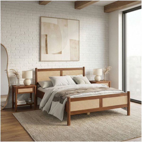 IDIMEX Massivholzbett CEFIRA, Doppelbett 140x190 cm mit Rattangeflecht Eiche Finish