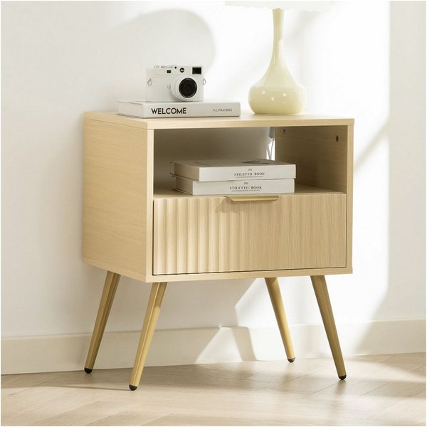 IDIMEX Nachtkommode MERVAL, Kleine Nachtkommode mit Schublade Metallfüße MDF-Front eiche/gold