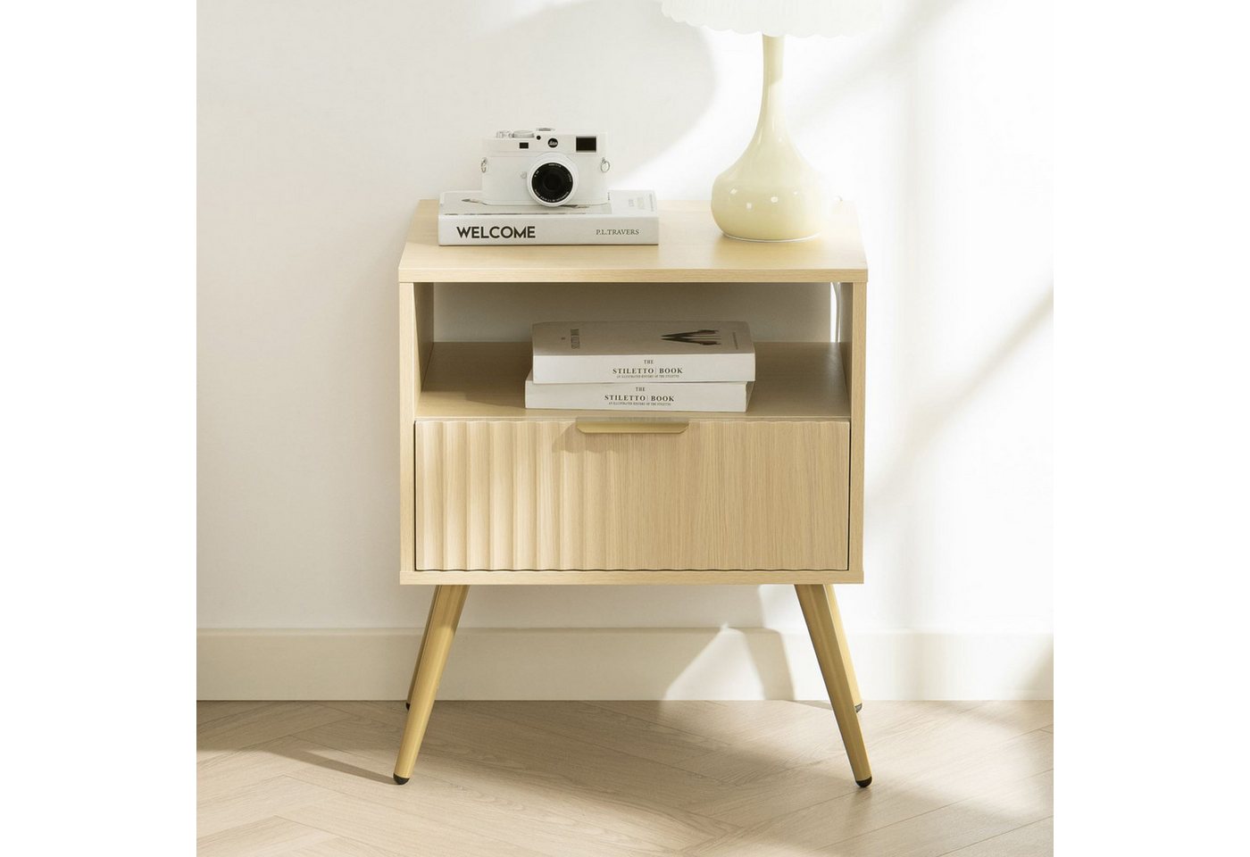 IDIMEX Nachtkommode MERVAL, Kleine Nachtkommode mit Schublade Metallfüße MDF-Front eiche/gold – Bild 2 von 5