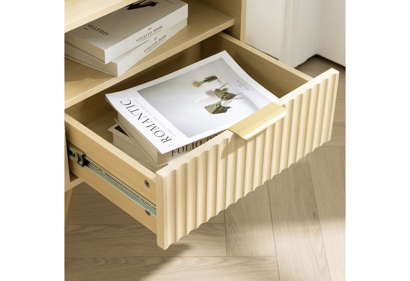 IDIMEX Nachtkommode MERVAL, Kleine Nachtkommode mit Schublade Metallfüße MDF-Front eiche/gold – Bild 3 von 5