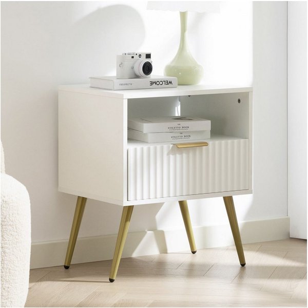 IDIMEX Nachtkommode MERVAL, Kleine Nachtkommode mit Schublade Metallfüße MDF-Front weiß/gold