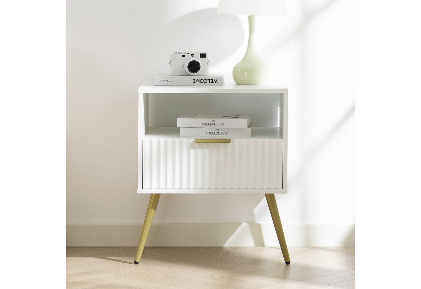 IDIMEX Nachtkommode MERVAL, Kleine Nachtkommode mit Schublade Metallfüße MDF-Front weiß/gold – Bild 2 von 5