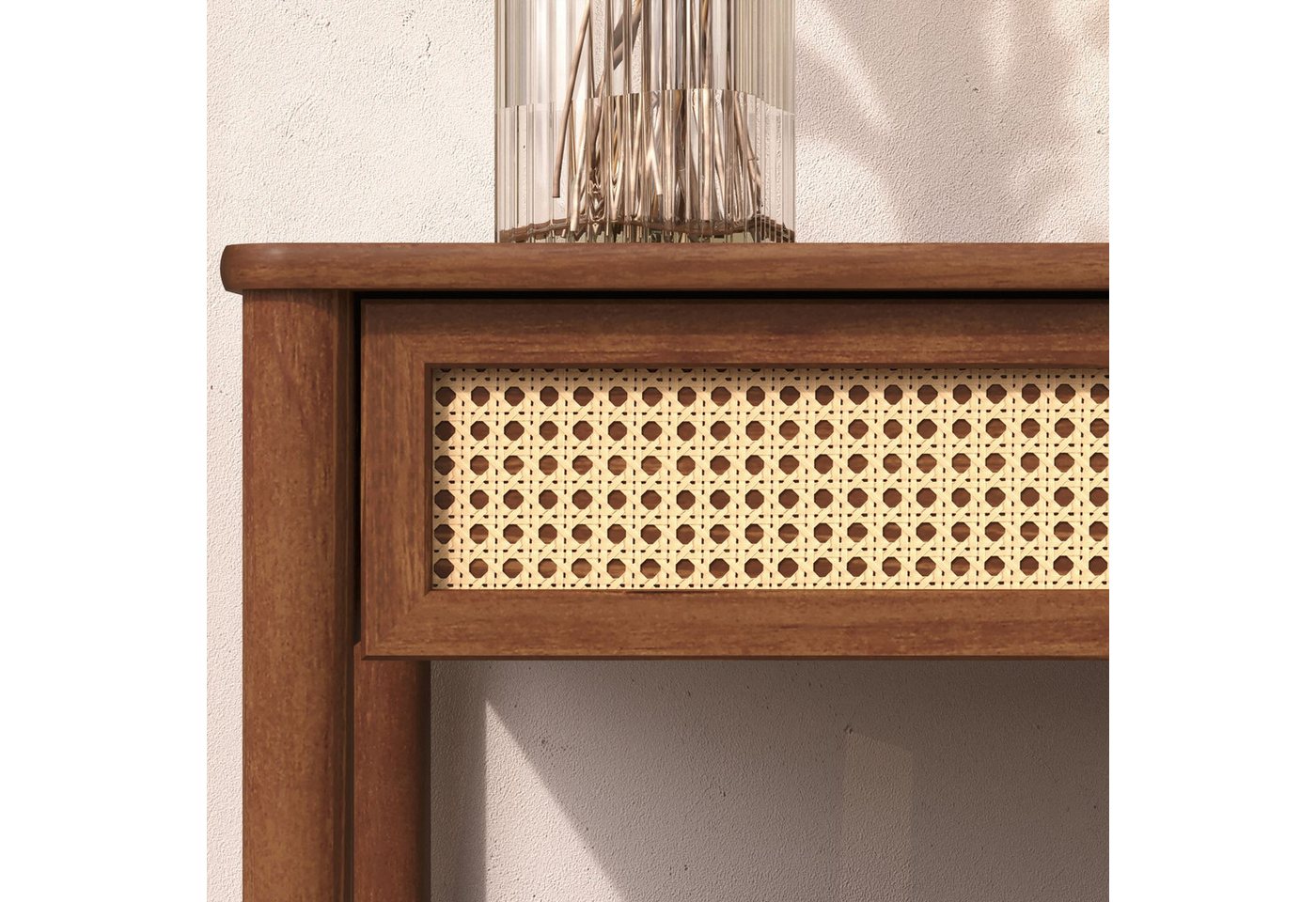 IDIMEX Nachttisch CEFIRA, aus Massivholz, Schublade mit Rattan und Ablagefach Kastanie Finish – Bild 3 von 5