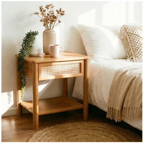 IDIMEX Nachttisch CEFIRA, aus Massivholz, Schublade mit Rattan und Ablagefach Eiche Finish