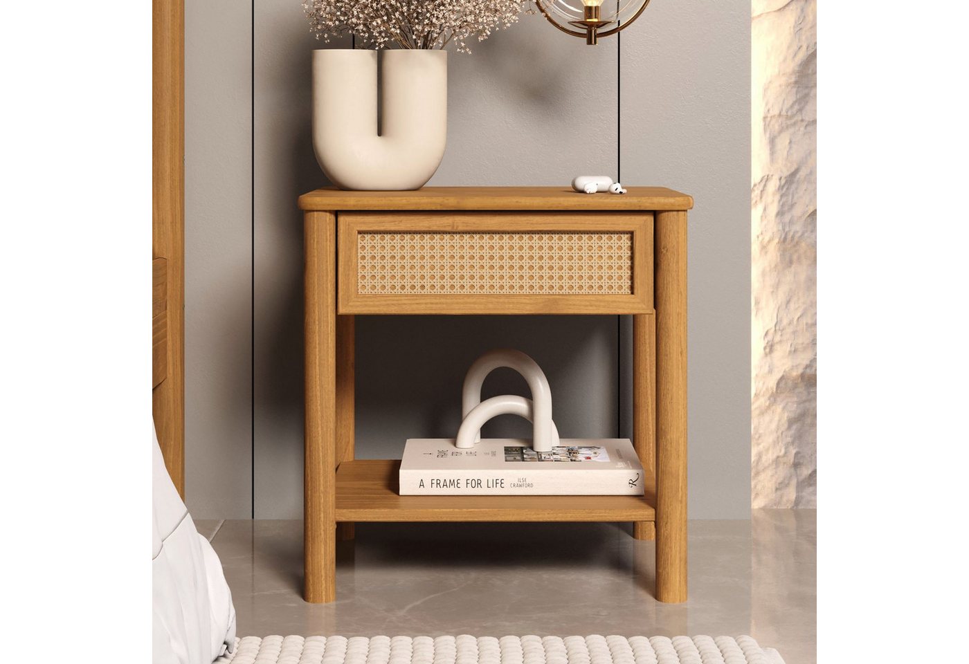 IDIMEX Nachttisch CEFIRA, aus Massivholz, Schublade mit Rattan und Ablagefach Eiche Finish – Bild 2 von 5