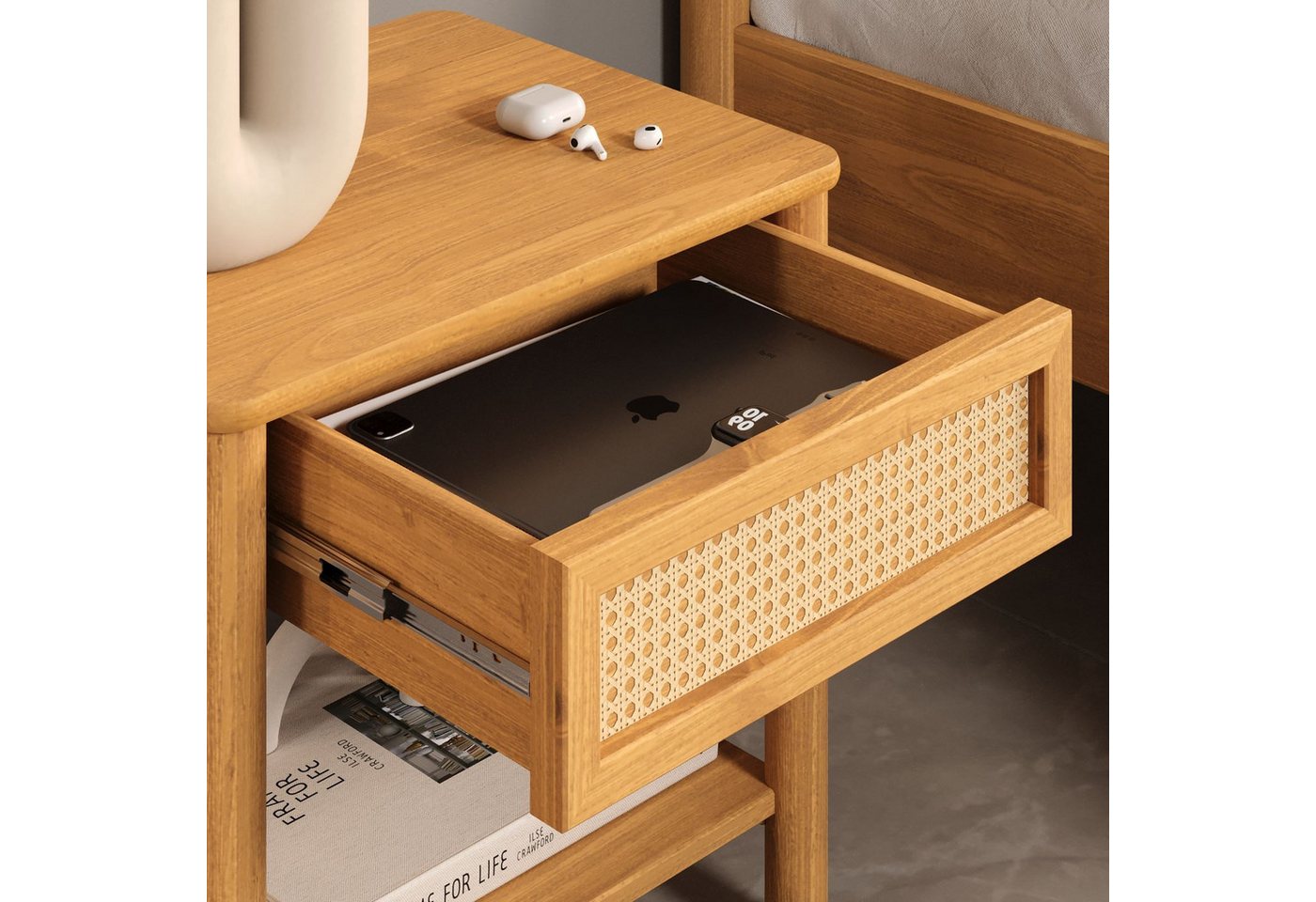 IDIMEX Nachttisch CEFIRA, aus Massivholz, Schublade mit Rattan und Ablagefach Eiche Finish – Bild 4 von 5
