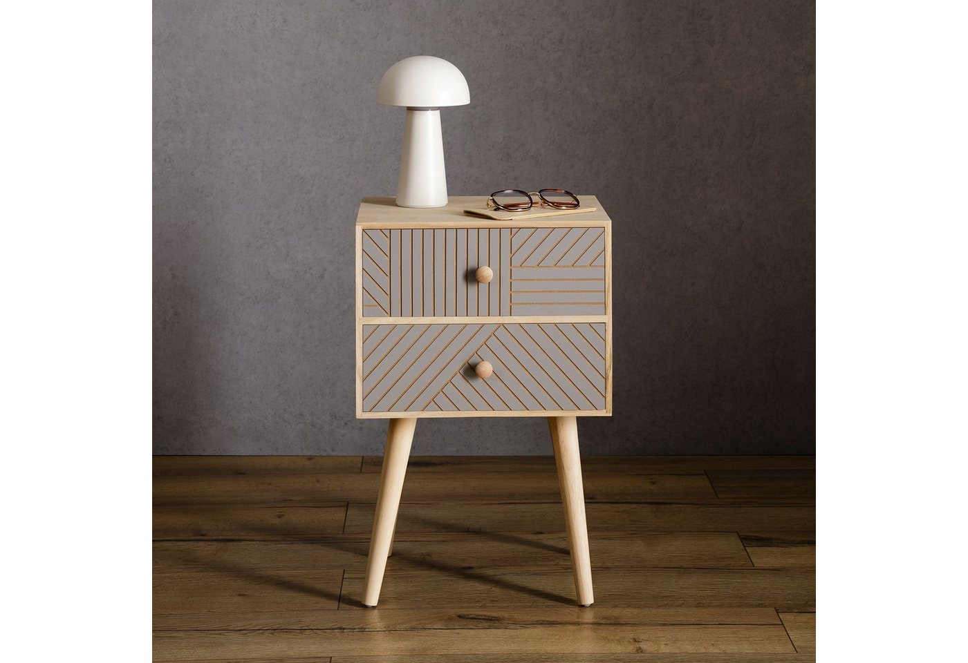 IDIMEX Nachttisch PELO, Nachttisch aus Holz Nachtkommode Nachtkasten mit 2 Schubladen und Zier – Bild 2 von 5