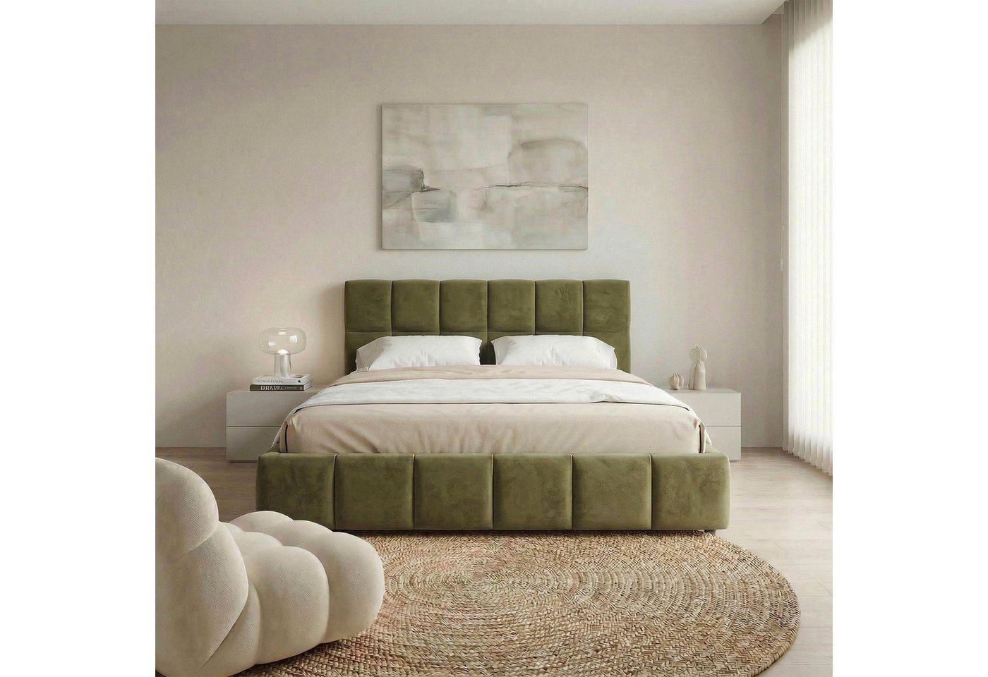 IDIMEX Polsterbett EMILIA, 140x200 cm mit Lattenrost und gepolsterter Steppung Webstoff Grün – Bild 2 von 5