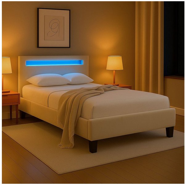 IDIMEX Polsterbett LASHIO, Bett 120x200 cm mit LED Beleuchtung im Kopfteil Stoffbezug Samt creme