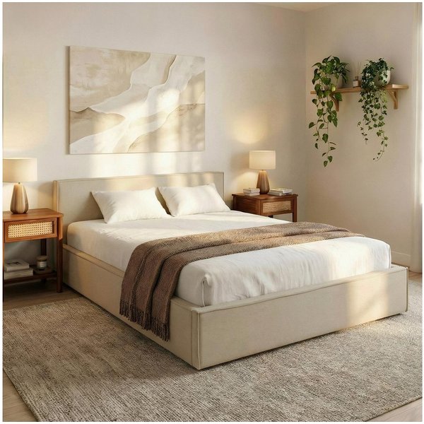 IDIMEX Polsterbett PESARO, Doppelbett 160x200 cm mit Lattenrost Leinen Optik Beige