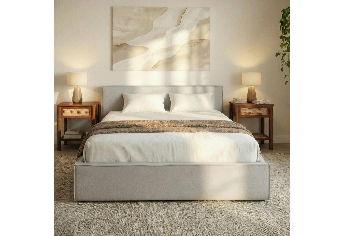 IDIMEX Polsterbett PESARO, Doppelbett 140x200 cm mit Lattenrost Kopfteil Leinen Optik Hellgrau – Bild 2 von 5
